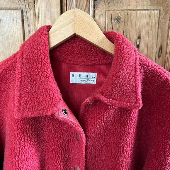 Vintage Real Comfort Red Sherpa Jacket Coatigan Button Front Sweater Cozy - Picture 2 of 10